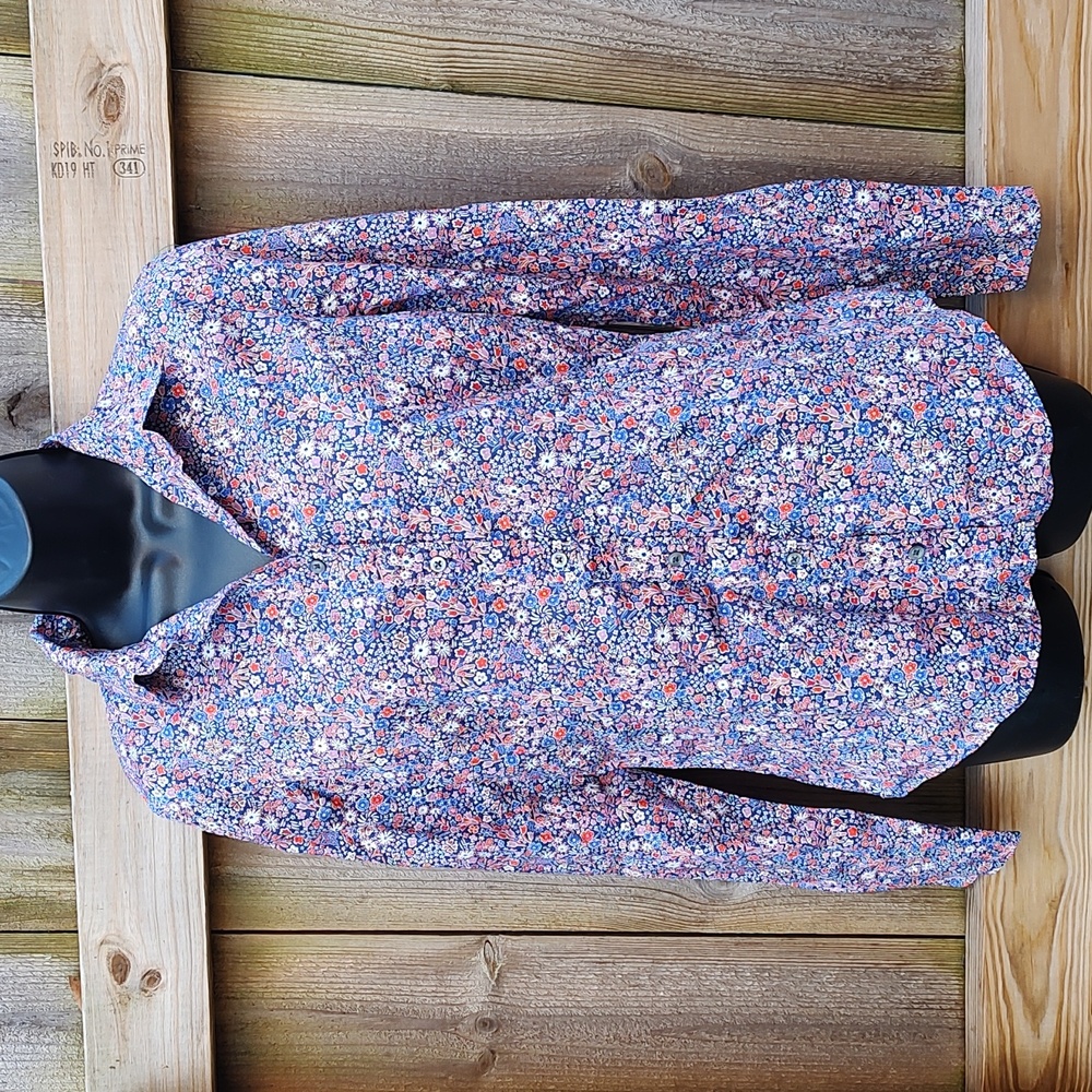 J. Crew x Library Blue and Red Floral Button Down Shirt